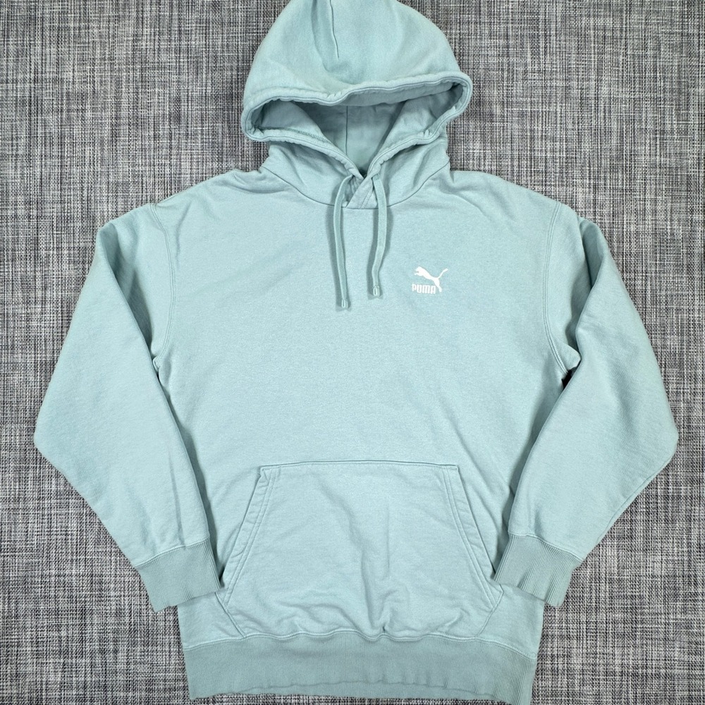 Puma Mens Hoodie Small Light Blue Terry Cotton Pullover Logo Pocket Long Sleeve